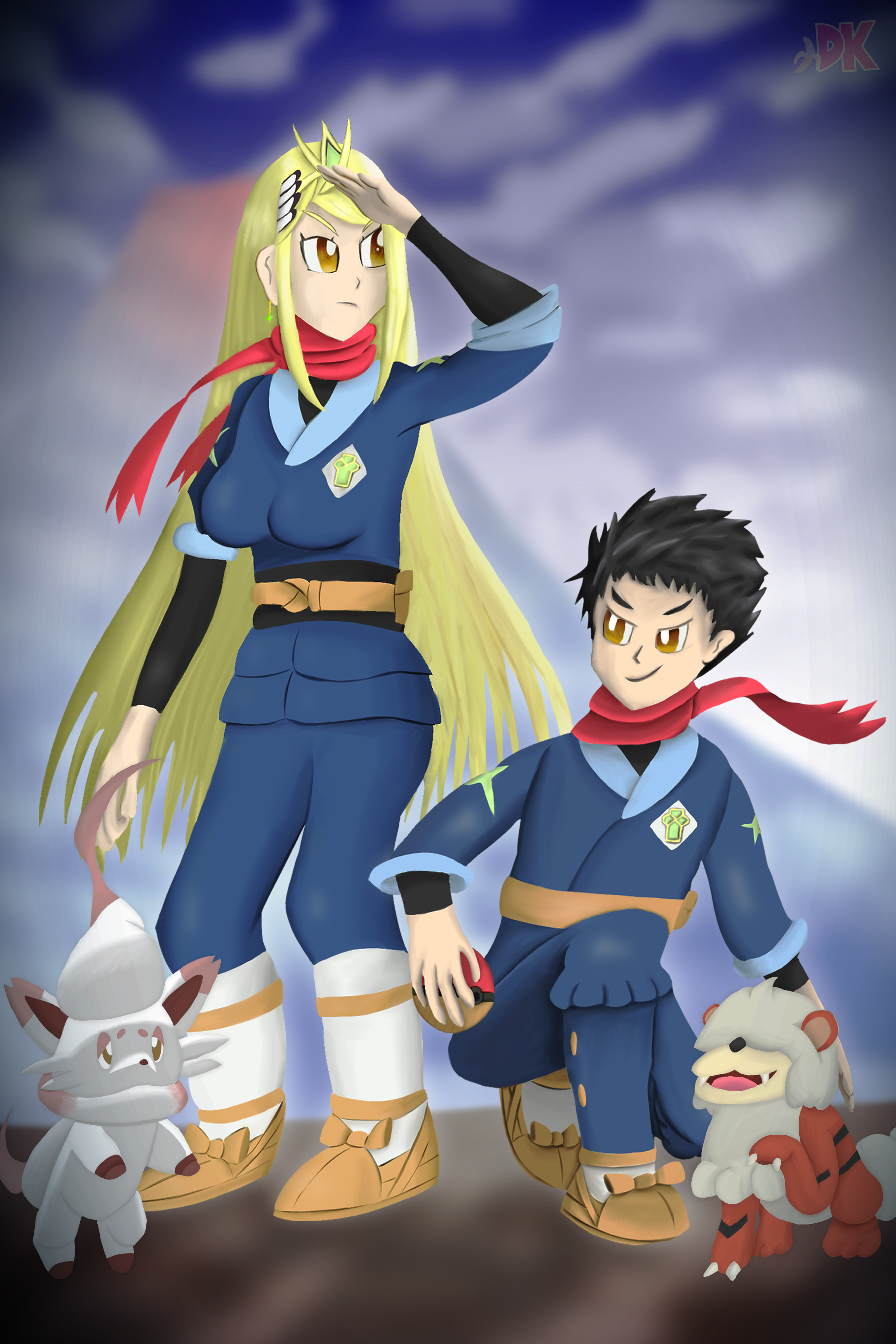 Mythra and Rex from Xenoblade Chronicles 2, but in Pokemon Legends