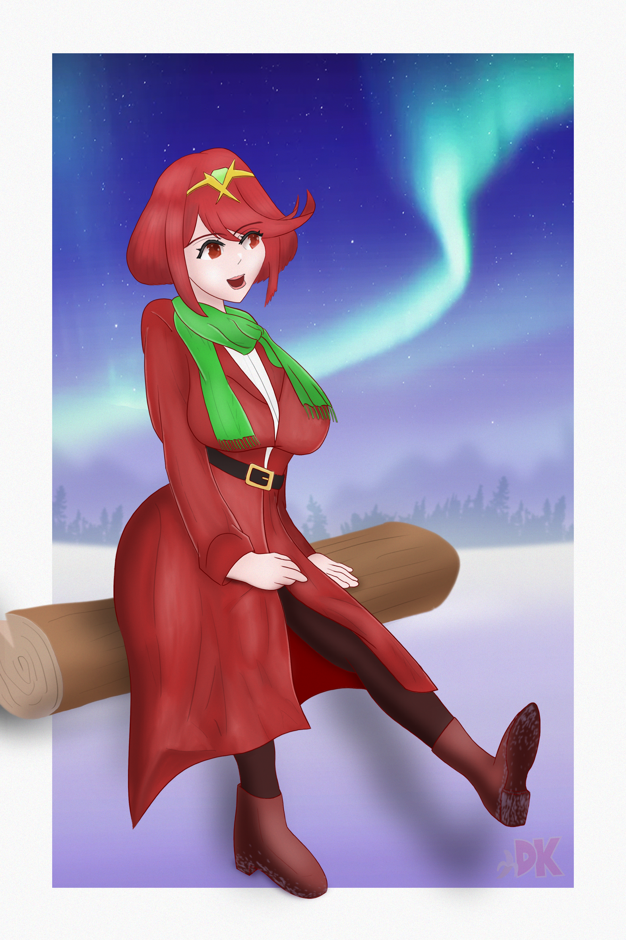Pyra in a red trench coat + green scarf in snow